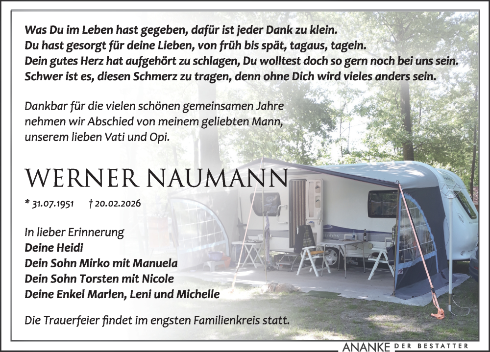  Traueranzeige für Werner Naumann vom 28.02.2026 aus Leipziger Volkszeitung