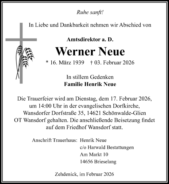Traueranzeige von Werner Neue von Märkischen Allgemeine Zeitung