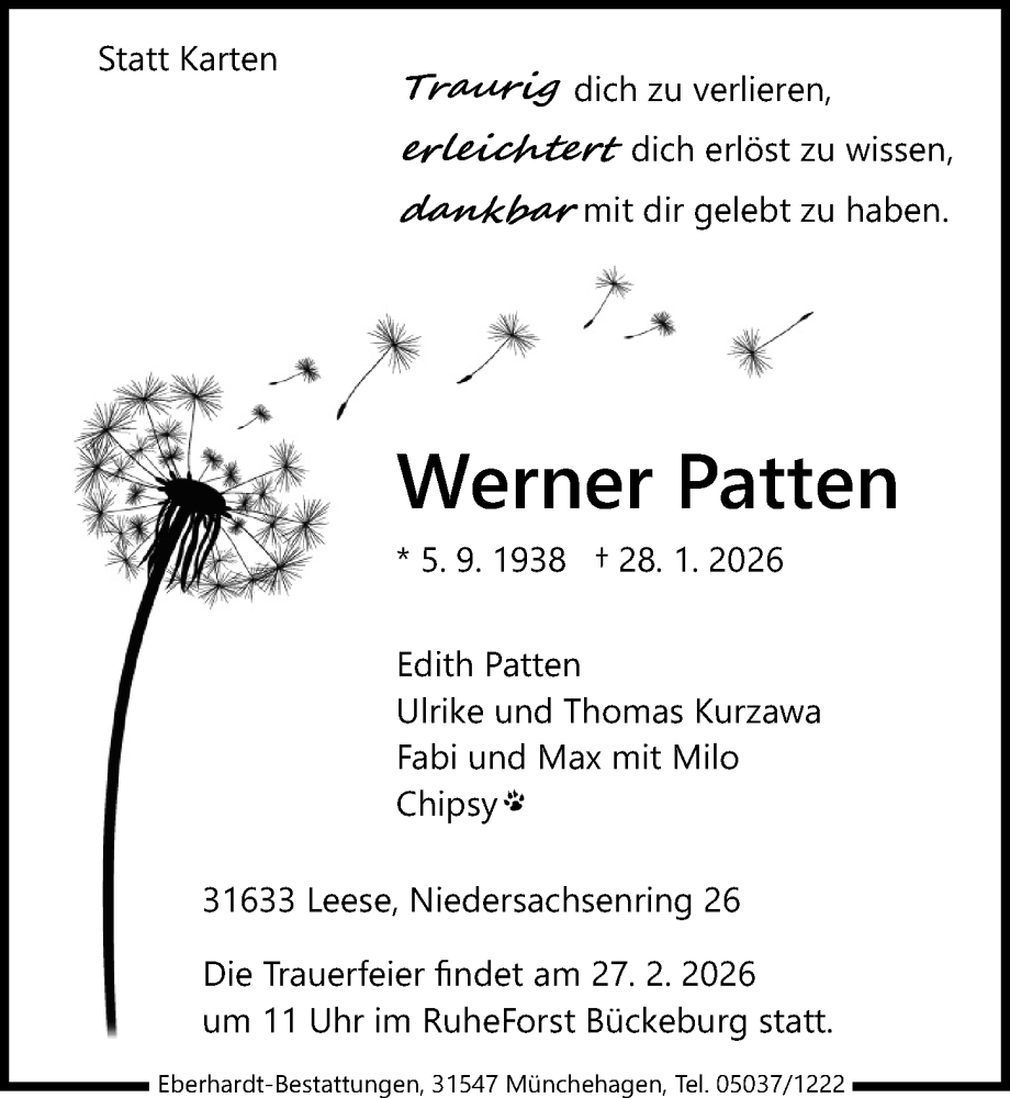  Traueranzeige für Werner Patten vom 14.02.2026 aus Die Harke