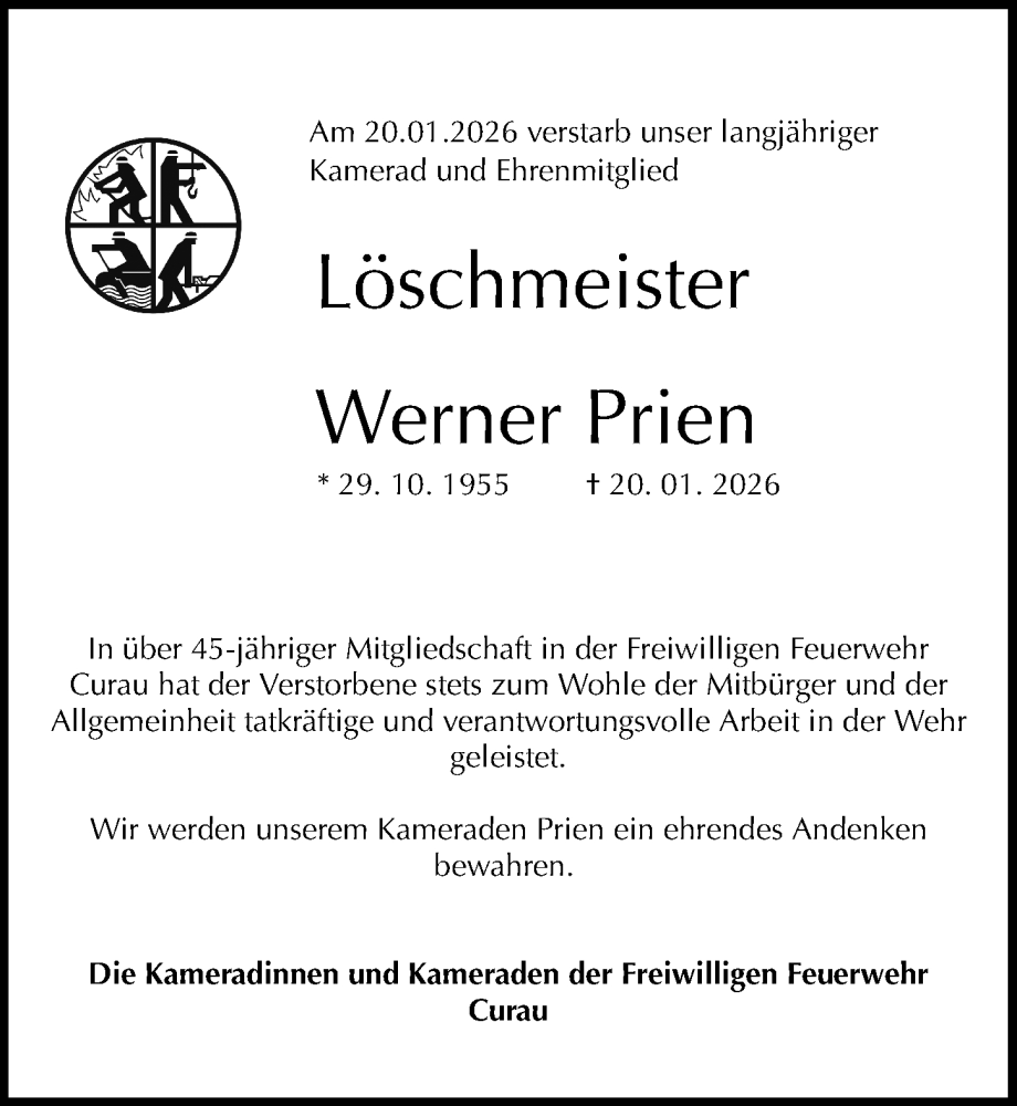  Traueranzeige für Werner Prien vom 03.02.2026 aus Lübecker Nachrichten