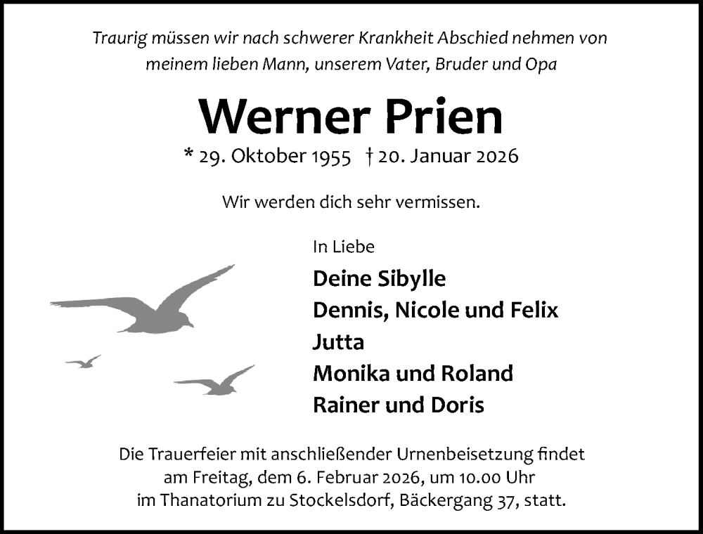  Traueranzeige für Werner Prien vom 01.02.2026 aus Lübecker Nachrichten