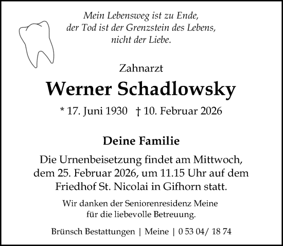 Traueranzeige von Werner Schadlowsky von Aller Zeitung