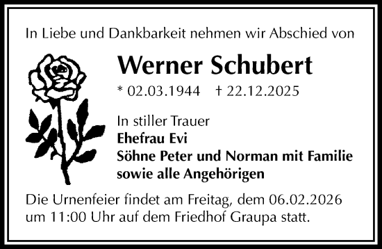 Traueranzeige von Werner Schubert von Sächsische Zeitung