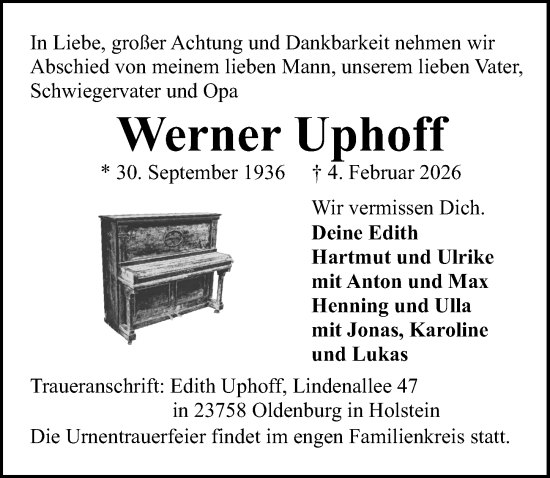 Traueranzeige von Werner Uphoff von Lübecker Nachrichten