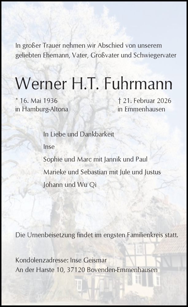  Traueranzeige für Werner H.T. Fuhrmann vom 28.02.2026 aus Göttinger Tageblatt