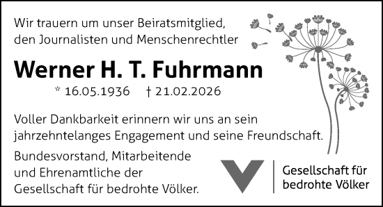 Traueranzeige von Werner H. T. Fuhrmann von Göttinger Tageblatt
