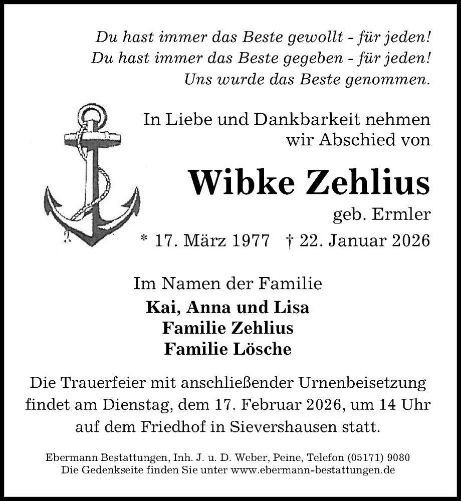  Traueranzeige für Wibke Zehlius vom 07.02.2026 aus Peiner Allgemeine Zeitung