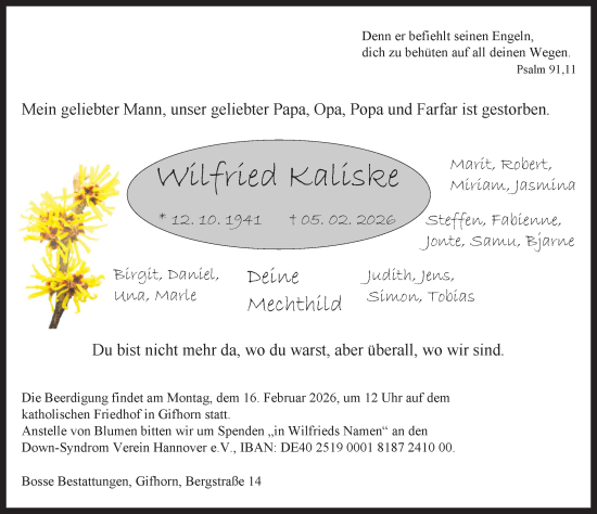 Traueranzeige von Wilfried Kaliske von Aller Zeitung