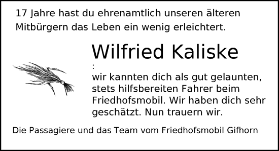 Traueranzeige von Wilfried Kaliske von Aller Zeitung