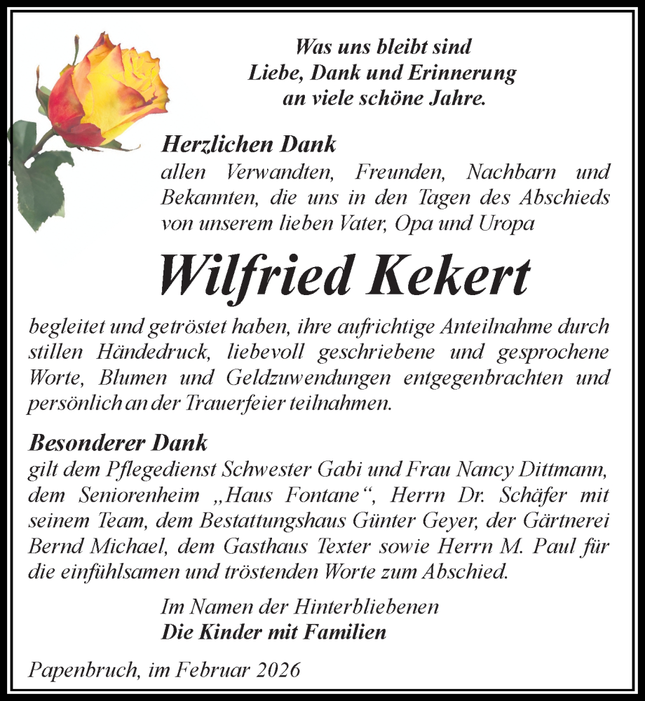  Traueranzeige für Wilfried Kekert vom 14.02.2026 aus Wochenspiegel
