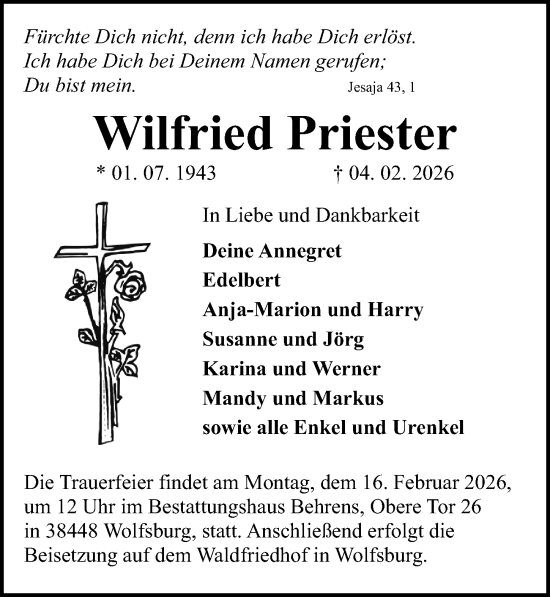 Traueranzeige von Wilfried Priester von Aller Zeitung