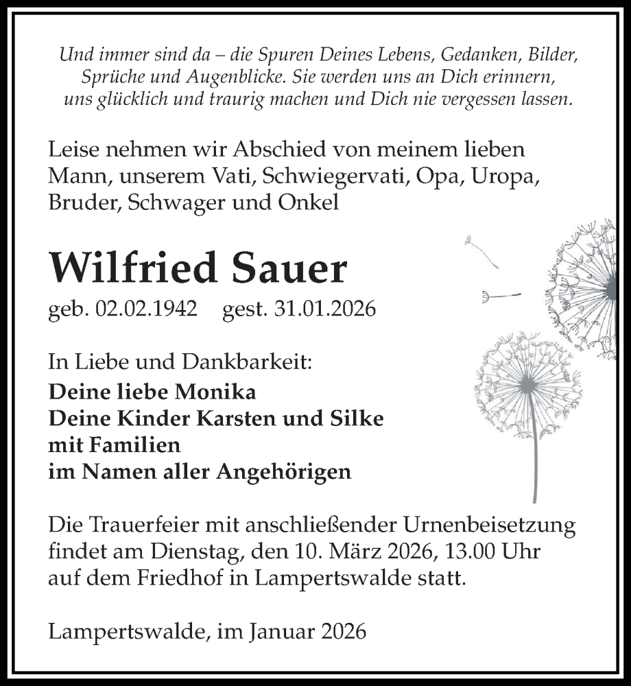  Traueranzeige für Wilfried Sauer vom 21.02.2026 aus Sächsische Zeitung