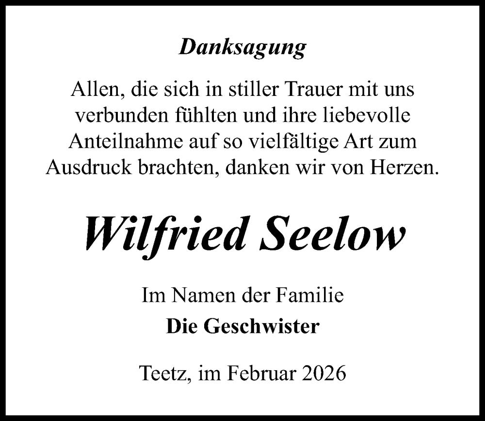  Traueranzeige für Wilfried Seelow vom 14.02.2026 aus Wochenspiegel