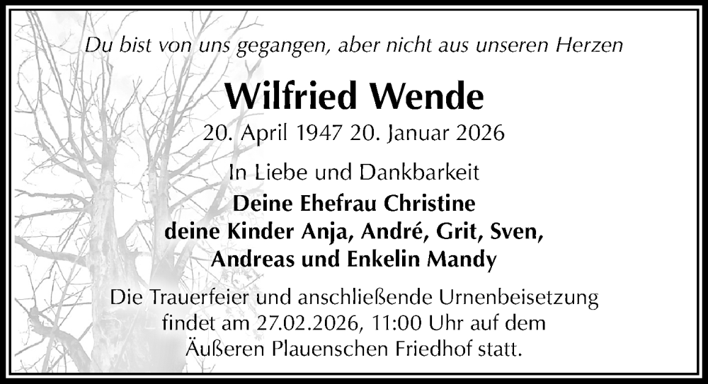  Traueranzeige für Wilfried Wende vom 07.02.2026 aus Sächsische Zeitung