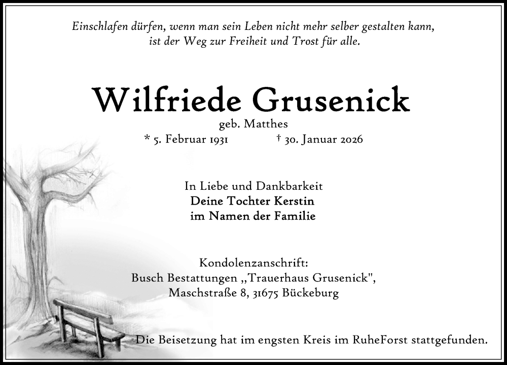  Traueranzeige für Wilfriede Grusenick vom 14.02.2026 aus Schaumburger Nachrichten