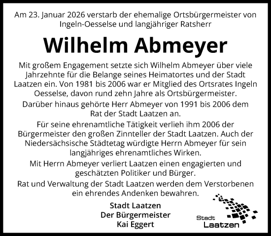 Traueranzeige von Wilhelm Abmeyer von Hannoversche Allgemeine Zeitung/Neue Presse