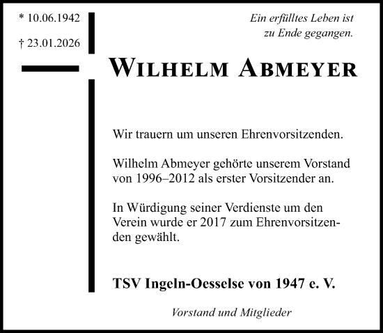 Traueranzeige von Wilhelm Abmeyer von Hannoversche Allgemeine Zeitung/Neue Presse