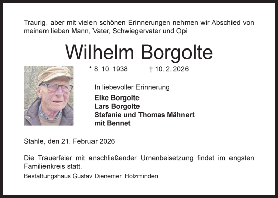 Traueranzeige von Wilhelm Borgolte von Täglicher Anzeiger Holzminden