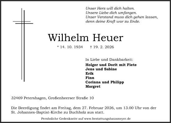 Traueranzeige von Wilhelm Heuer von Die Harke