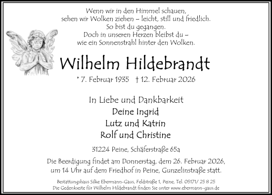 Traueranzeige von Wilhelm Hildebrandt von Peiner Allgemeine Zeitung