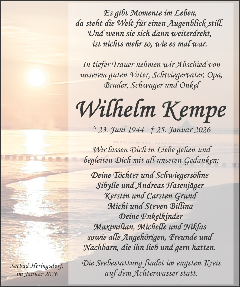  Traueranzeige für Wilhelm Kempe vom 07.02.2026 aus Ostsee-Zeitung GmbH