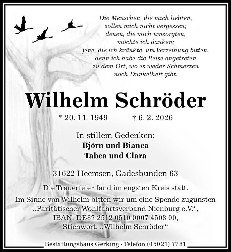  Traueranzeige für Wilhelm Schröder vom 14.02.2026 aus Die Harke