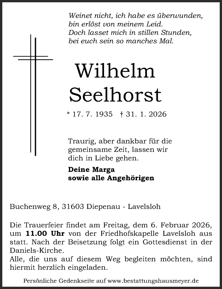  Traueranzeige für Wilhelm Seelhorst vom 03.02.2026 aus Die Harke
