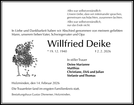 Traueranzeige von Willfried Deike von Täglicher Anzeiger Holzminden