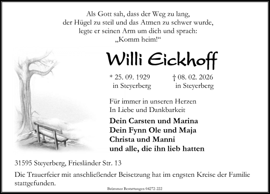 Traueranzeige von Willi Eickhoff von Die Harke