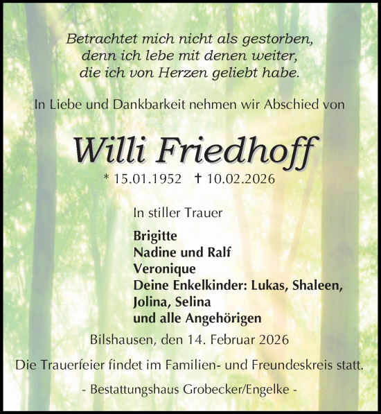 Traueranzeige von Willi Friedhoff von Eichsfelder Tageblatt