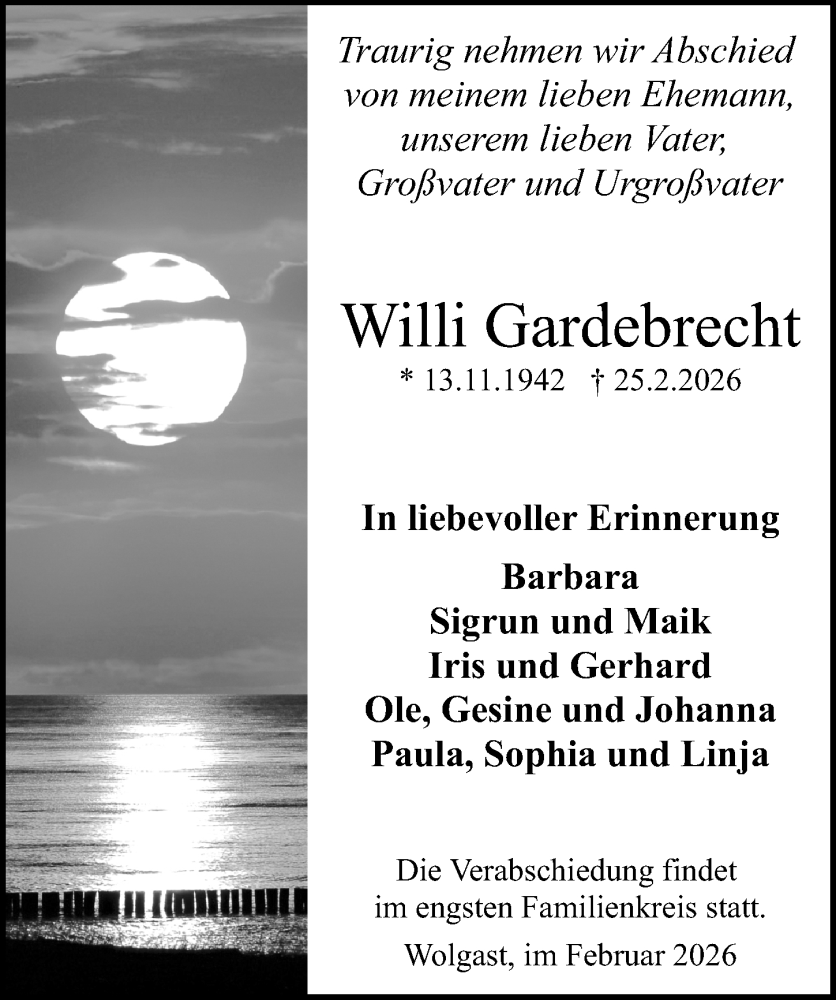  Traueranzeige für Willi Gardebrecht vom 28.02.2026 aus Ostsee-Zeitung GmbH