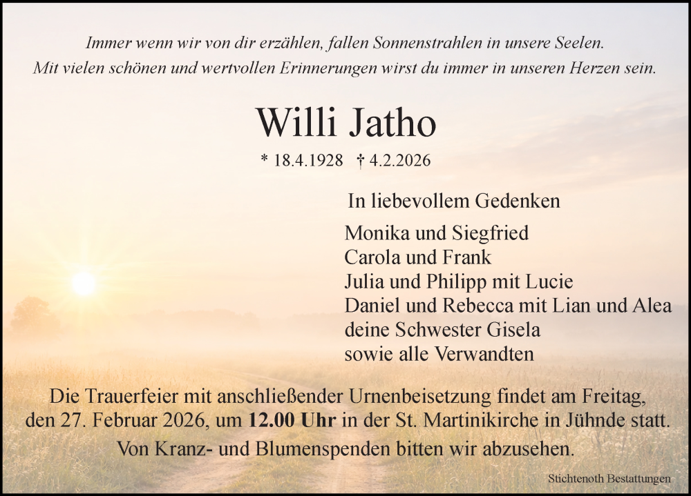  Traueranzeige für Willi Jatho vom 21.02.2026 aus Göttinger Tageblatt
