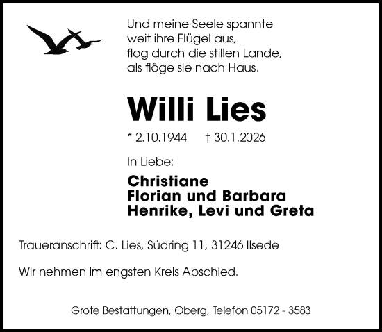 Traueranzeige von Willi Lies von Peiner Allgemeine Zeitung