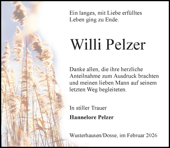 Traueranzeige von Willi Pelzer von Wochenspiegel