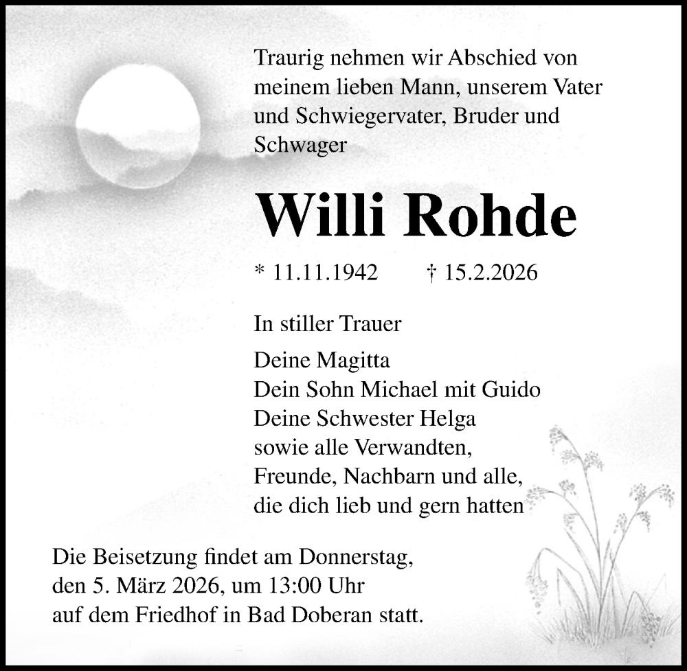  Traueranzeige für Willi Rohde vom 21.02.2026 aus Ostsee-Zeitung GmbH