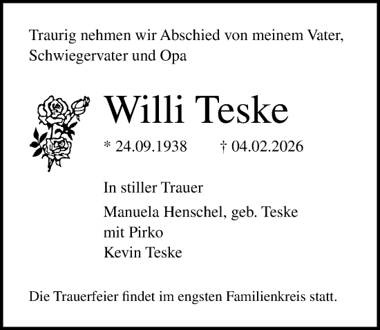 Traueranzeige von Willi Teske von Ostsee-Zeitung GmbH