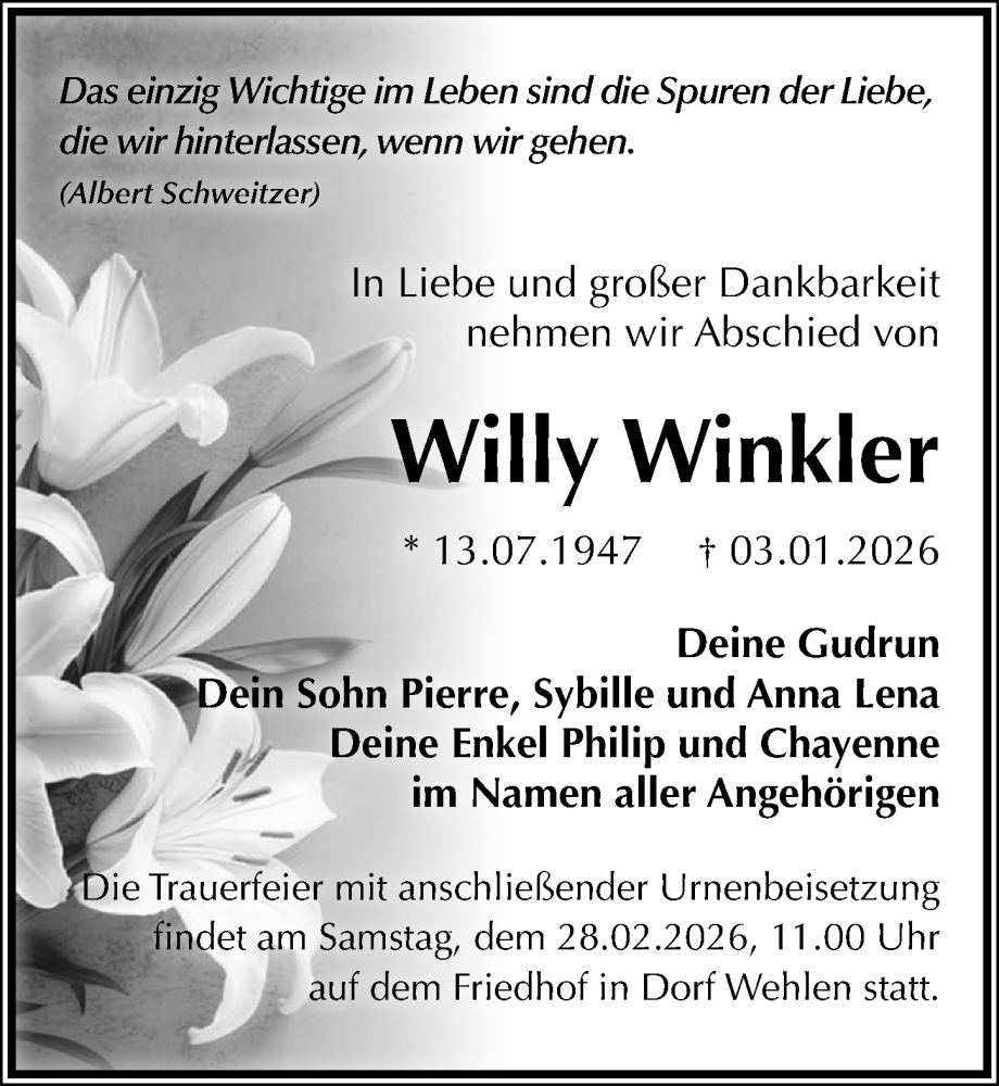  Traueranzeige für Willy Winkler vom 14.02.2026 aus Sächsische Zeitung