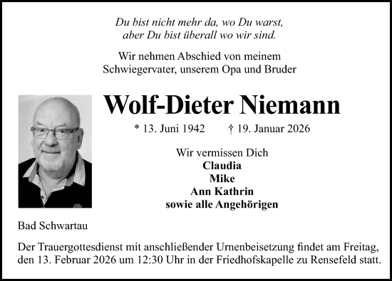Traueranzeige von Wolf-Dieter Niemann von Lübecker Nachrichten