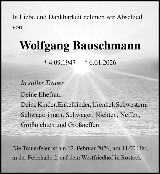 Traueranzeige von Wolfgang Bauschmann von Ostsee-Zeitung GmbH