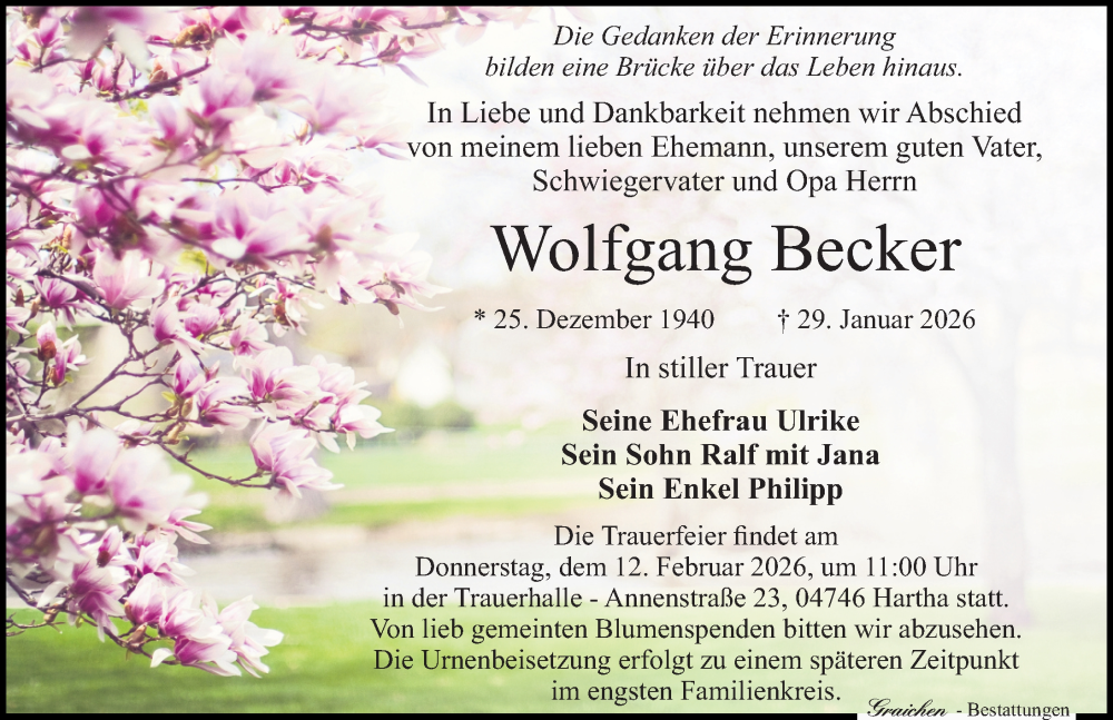  Traueranzeige für Wolfgang Becker vom 07.02.2026 aus Sächsische Zeitung