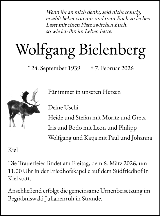Traueranzeige von Wolfgang Bielenberg von Kieler Nachrichten