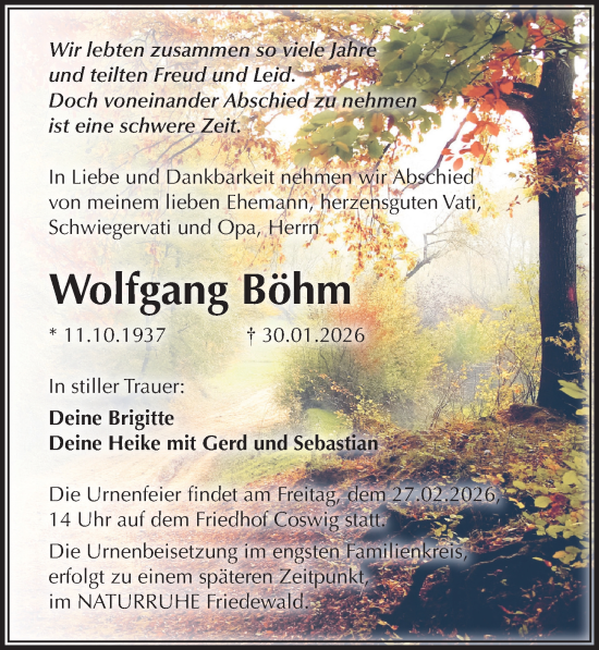 Traueranzeige von Wolfgang Böhm von Sächsische Zeitung