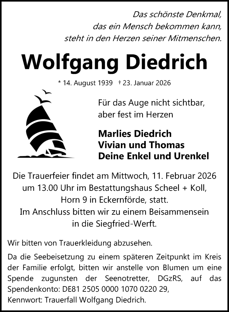  Traueranzeige für Wolfgang Diedrich vom 07.02.2026 aus Kieler Nachrichten