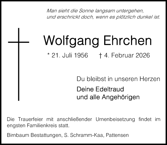 Traueranzeige von Wolfgang Ehrchen von Hannoversche Allgemeine Zeitung/Neue Presse