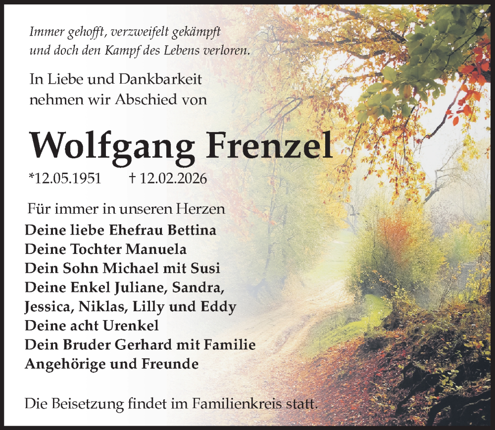  Traueranzeige für Wolfgang Frenzel vom 21.02.2026 aus Sächsische Zeitung