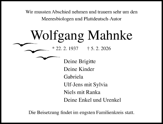 Traueranzeige von Wolfgang Mahnke von Ostsee-Zeitung GmbH