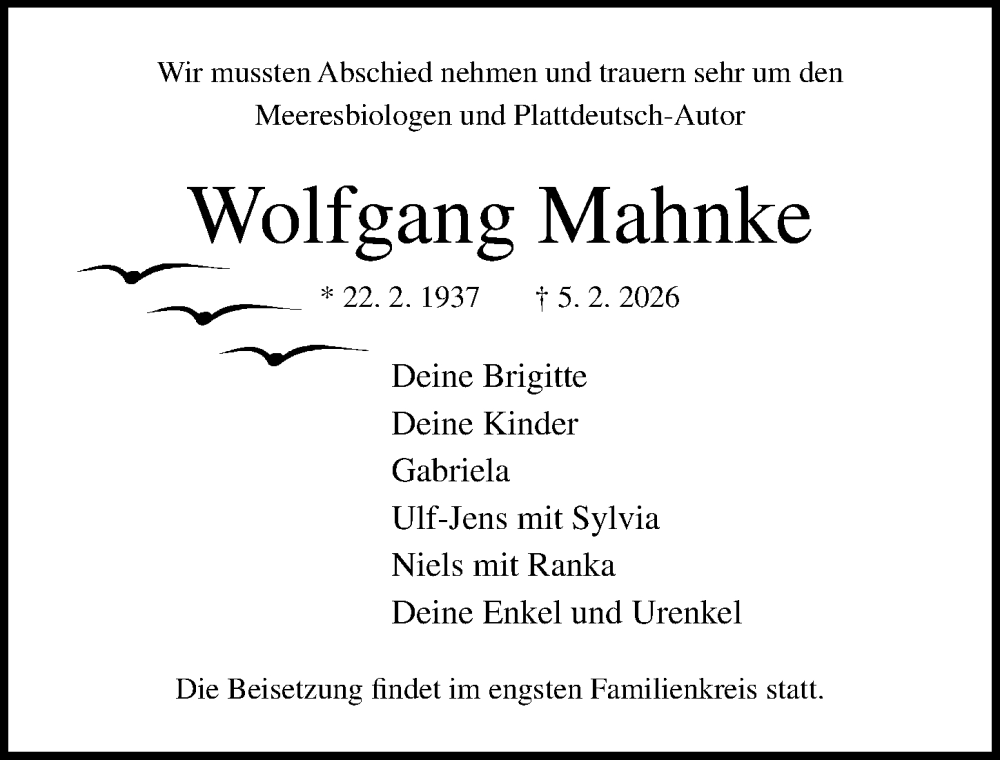  Traueranzeige für Wolfgang Mahnke vom 14.02.2026 aus Ostsee-Zeitung GmbH