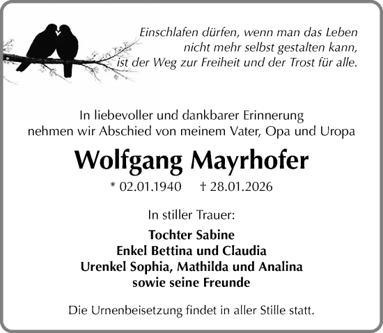 Traueranzeige von Wolfgang Mayrhofer von Sächsische Zeitung
