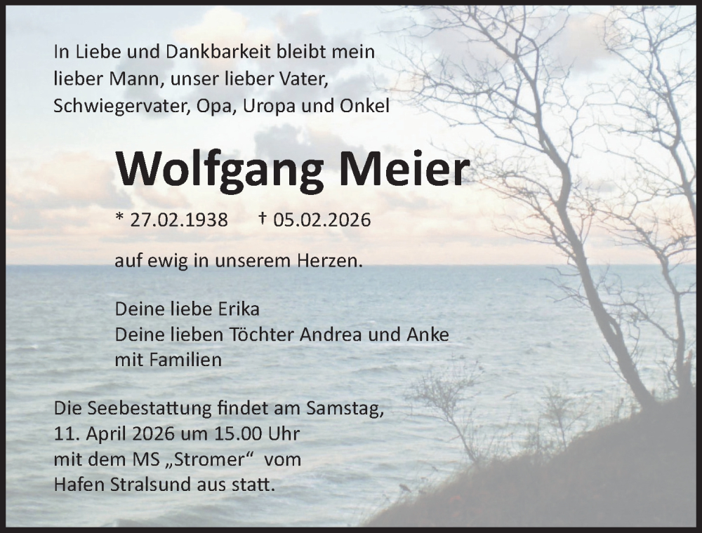  Traueranzeige für Wolfgang Meier vom 14.02.2026 aus Ostsee-Zeitung GmbH