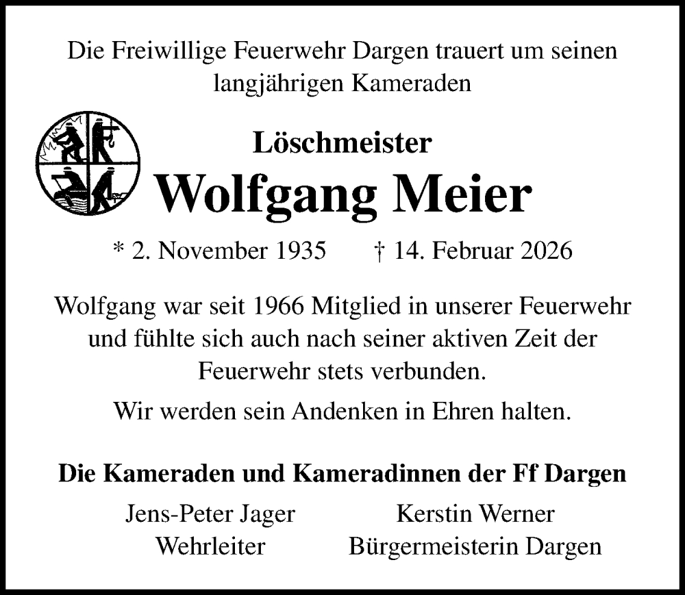  Traueranzeige für Wolfgang Meier vom 21.02.2026 aus Ostsee-Zeitung GmbH